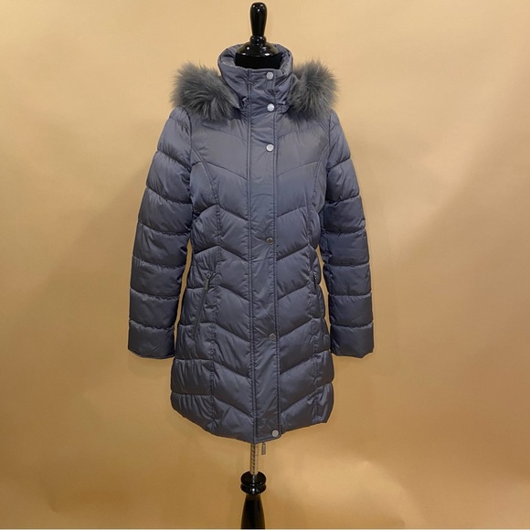 🛍️ Kenneth Cole New York Gray Chevron Puffer Long Winter Coat Jacket Fur Trim S - Picture 5 of 12